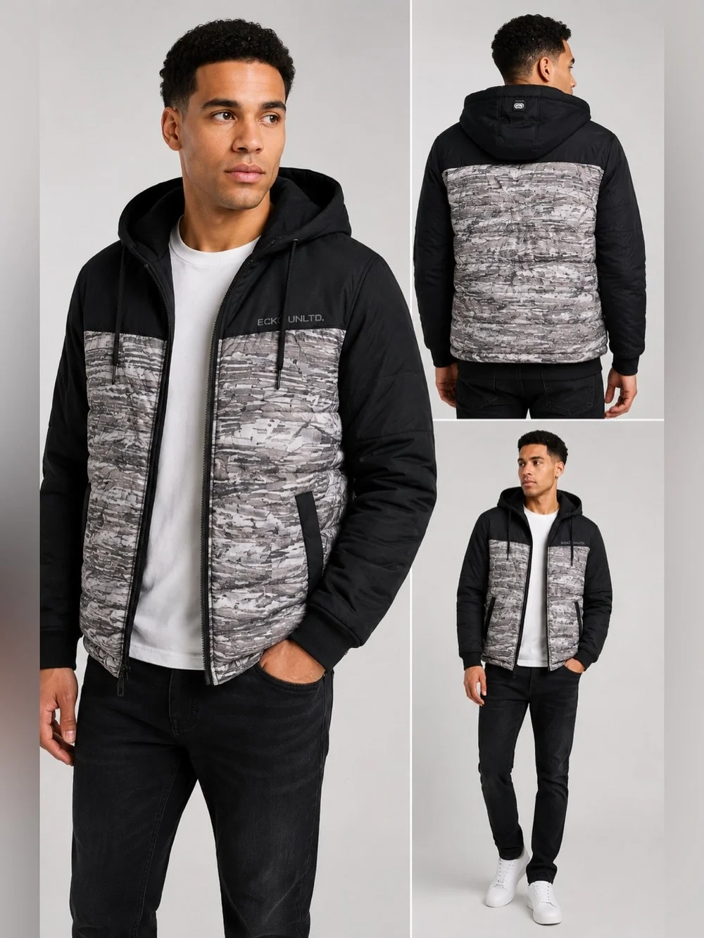 Ecko Unltd Men’s Medium Black Gray Hooded Puffer Jacket Full Zip